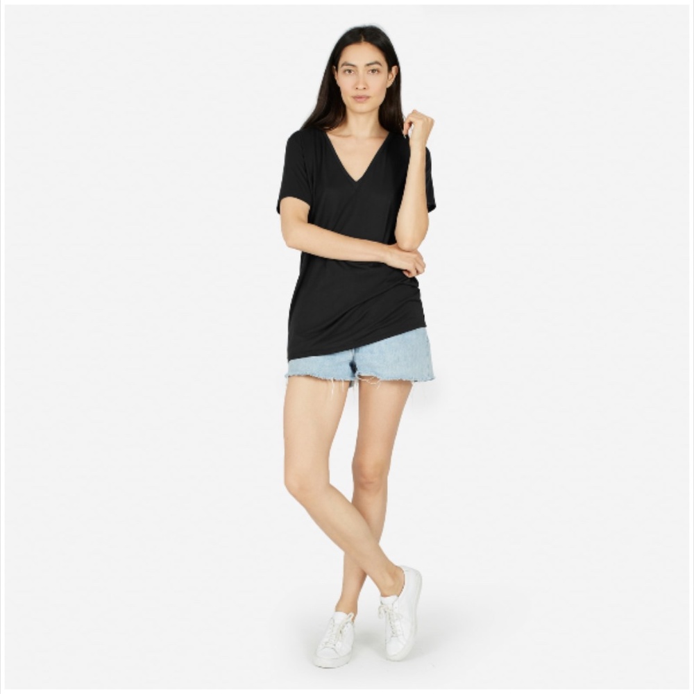 Everlane Black Luxe Drape Tee Lyocell Short Sleeve V-Neck Shirt NWOT XXS